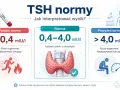 Grafika przedstawia normy TSH: poniżej, w normie i powyżej. Widoczna probówka krwi z napisem TSH.