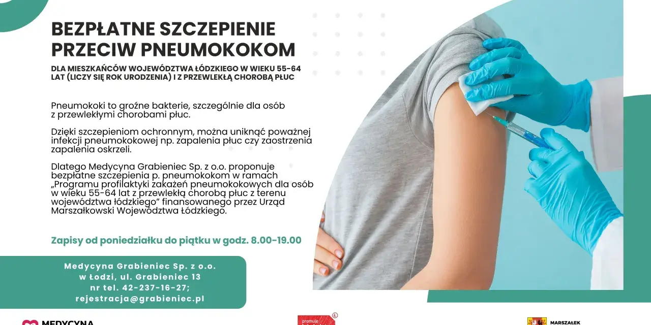 Bezpieczne szczepienie przeciw pneumokokom dla mieszkańców woj. łódzkiego 55-64 lat z chorobami płuc. Zapisy na bezpłatną pneumokoki szczepionkę.