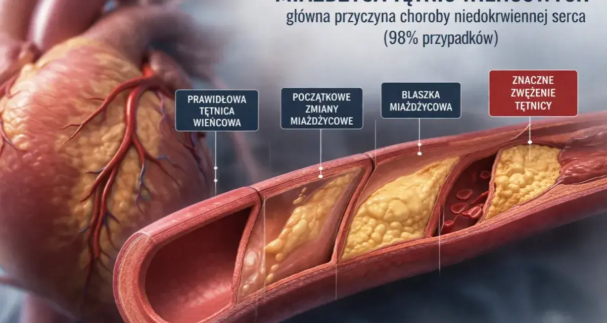 Przedstawienie rozwoju miażdżycy tętnic wieńcowych, od prawidłowej tętnicy do znacznego zwężenia, ilustrujące chorobę wieńcową.