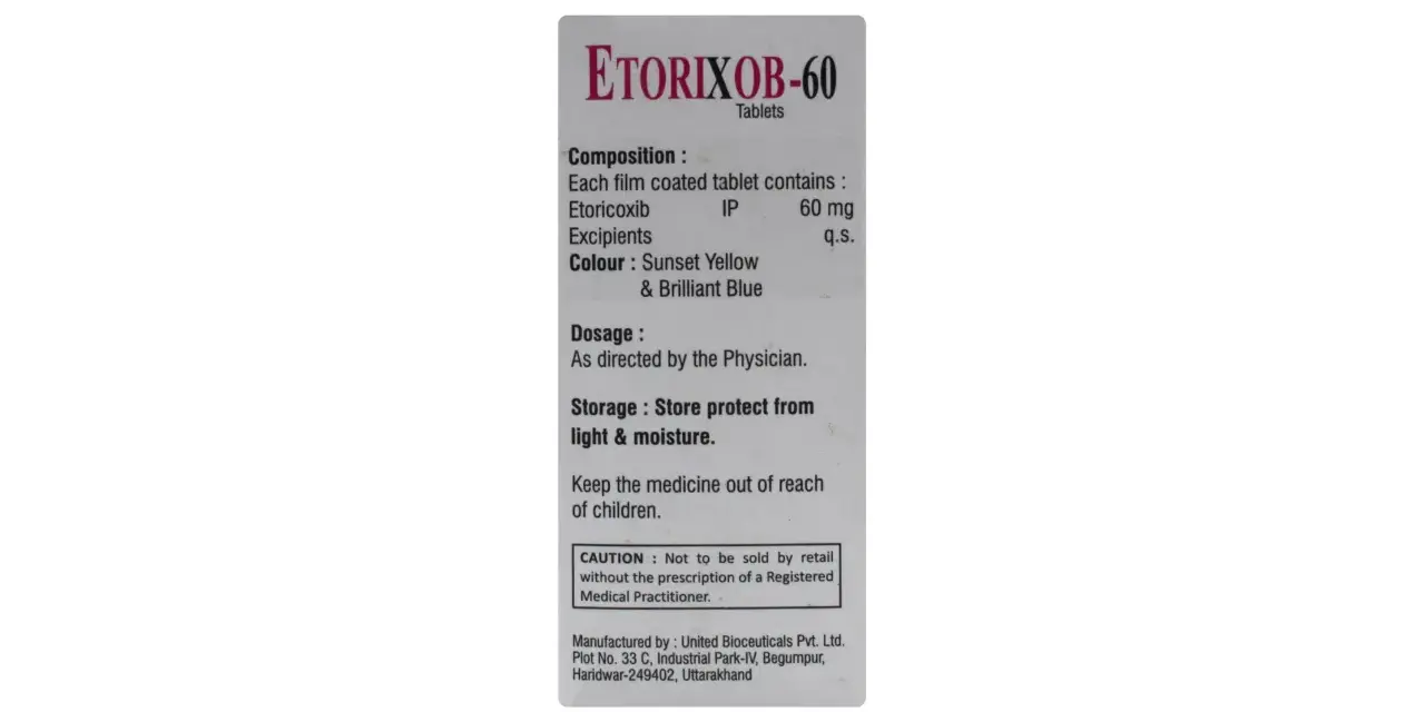 Opakowanie leku Etorixob-60, zawierającego 60 mg etoricoxibu. Przechowywać z dala od światła i wilgoci.