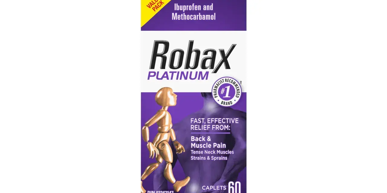 Opakowanie leku Robax Platinum z wizerunkiem postaci z bólem pleców i mięśni.
