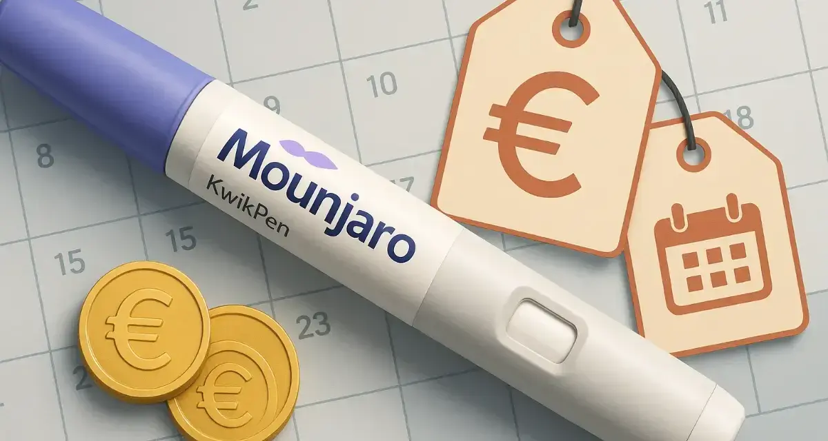 Mounjaro KwikPen na tle kalendarza z monetami euro i metkami cenowymi. Sprawdź, jaka jest mounjaro 7 5 mg cena.