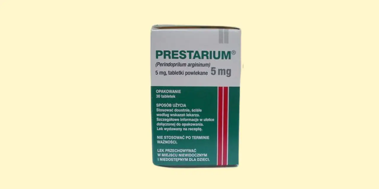 Opakowanie leku Prestarium 5 mg, który jest często wybierany jako najbezpieczniejszy lek na nadciśnienie. Zawiera 30 tabletek.