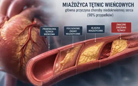 Przedstawienie rozwoju miażdżycy tętnic wieńcowych, od prawidłowej tętnicy do znacznego zwężenia, ilustrujące chorobę wieńcową.