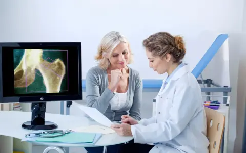 Lekarka omawia z pacjentką wyniki badania RTG stawu biodrowego, wskazując na objawy osteoporozy.