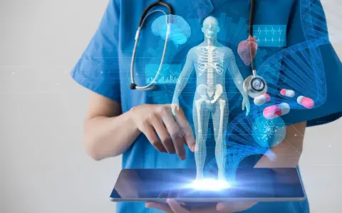 Lekarz analizuje hologram ciała, serca i mózgu. Zastanawia się, ile trwa scyntygrafia kości, by postawić diagnozę.