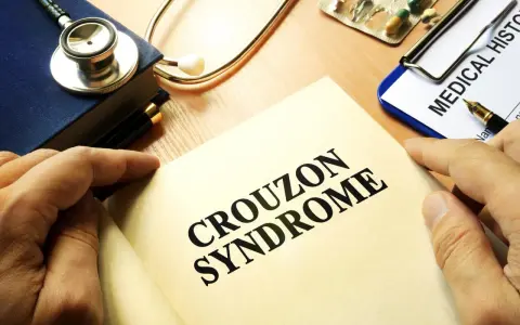 Książka z napisem "CROUZON SYNDROME", stetoskop, dokument "MEDICAL HISTO" i lekarstwa.