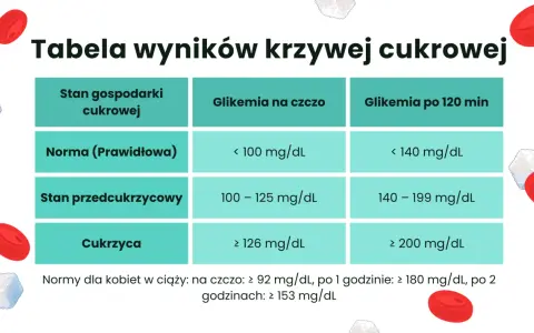 Tabela norm glikemii na czczo i po 120 minutach, określająca stan gospodarki cukrowej: norma, stan przedcukrzycowy, cukrzyca.