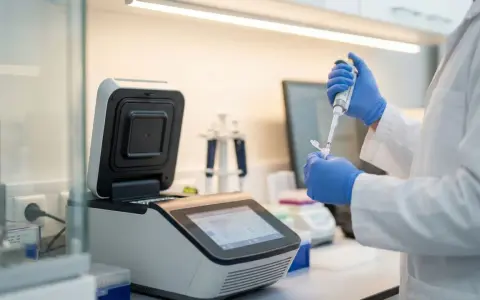 Laborant w rękawiczkach pobiera próbkę pipetą do urządzenia laboratoryjnego.