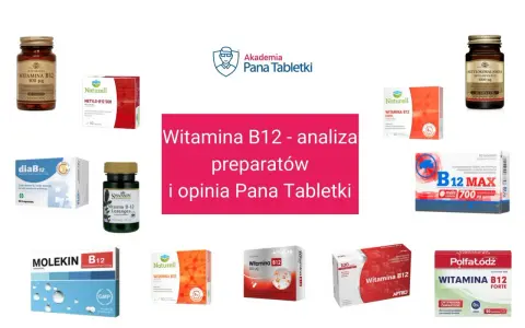Kolaż opakowań suplementów z witaminą B12, z napisem "Witamina B12 - analiza preparatów i opinia Pana Tabletki".