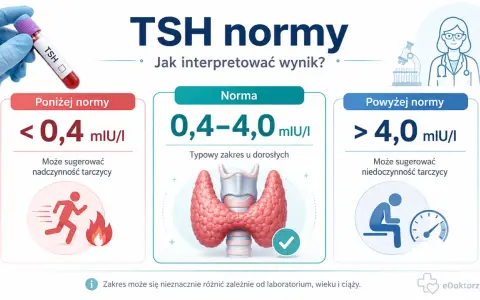 Grafika przedstawia normy TSH: poniżej, w normie i powyżej. Widoczna probówka krwi z napisem TSH.