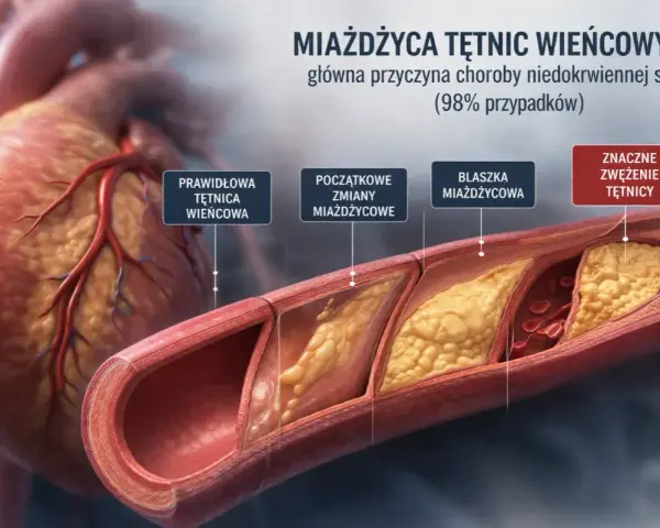 Przedstawienie rozwoju miażdżycy tętnic wieńcowych, od prawidłowej tętnicy do znacznego zwężenia, ilustrujące chorobę wieńcową.