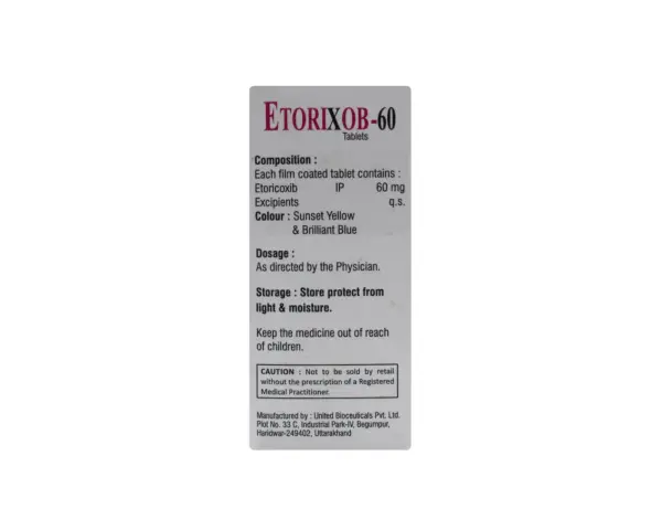 Opakowanie leku Etorixob-60, zawierającego 60 mg etoricoxibu. Przechowywać z dala od światła i wilgoci.