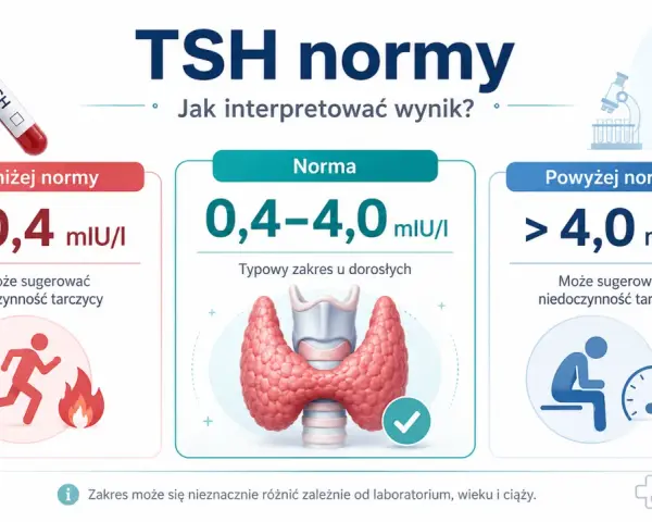Grafika przedstawia normy TSH: poniżej, w normie i powyżej. Widoczna probówka krwi z napisem TSH.