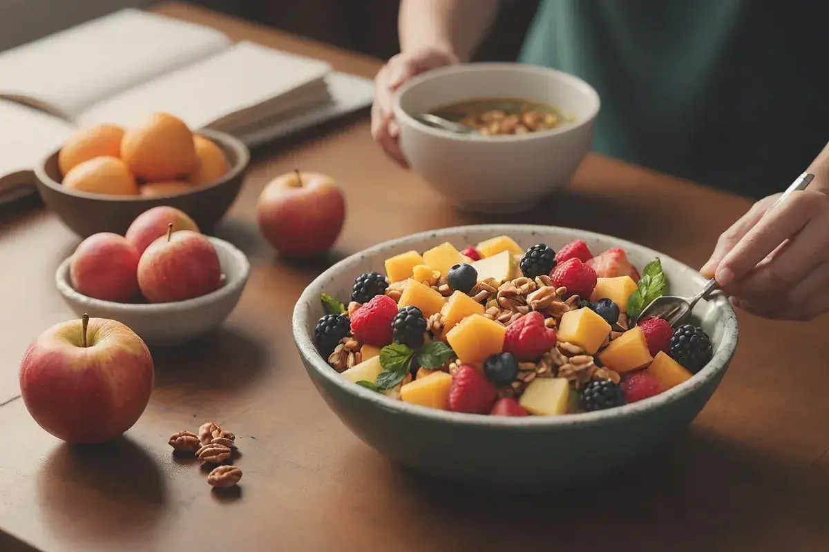 Kolorowa sałatka owocowa z malinami, borówkami, mango i orzechami. Idealne owoce dla cukrzyka na zdrowy posiłek.