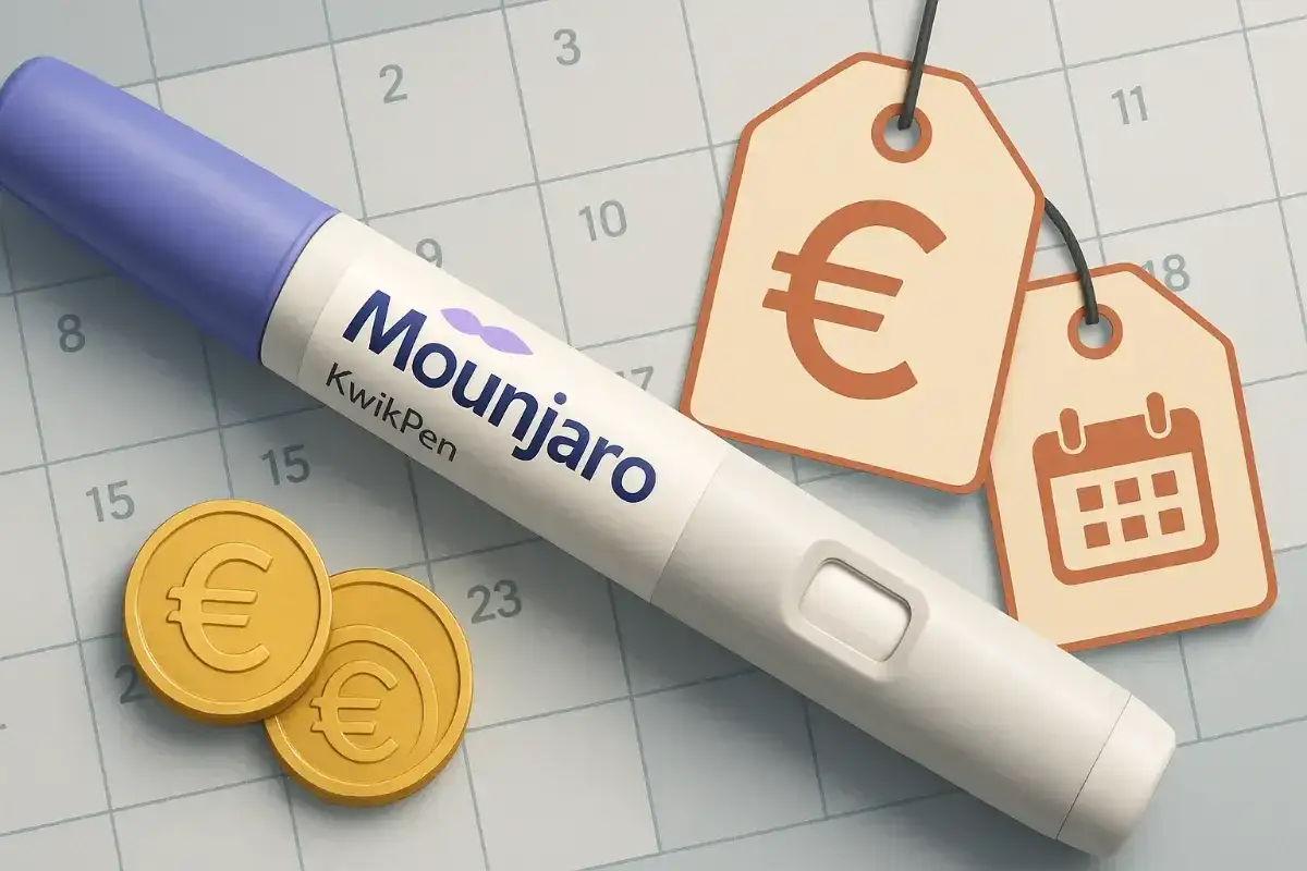 Mounjaro 7.5 mg cena. Długopis z lekiem, monety euro i metki z symbolem euro i kalendarzem na tle siatki kalendarza.